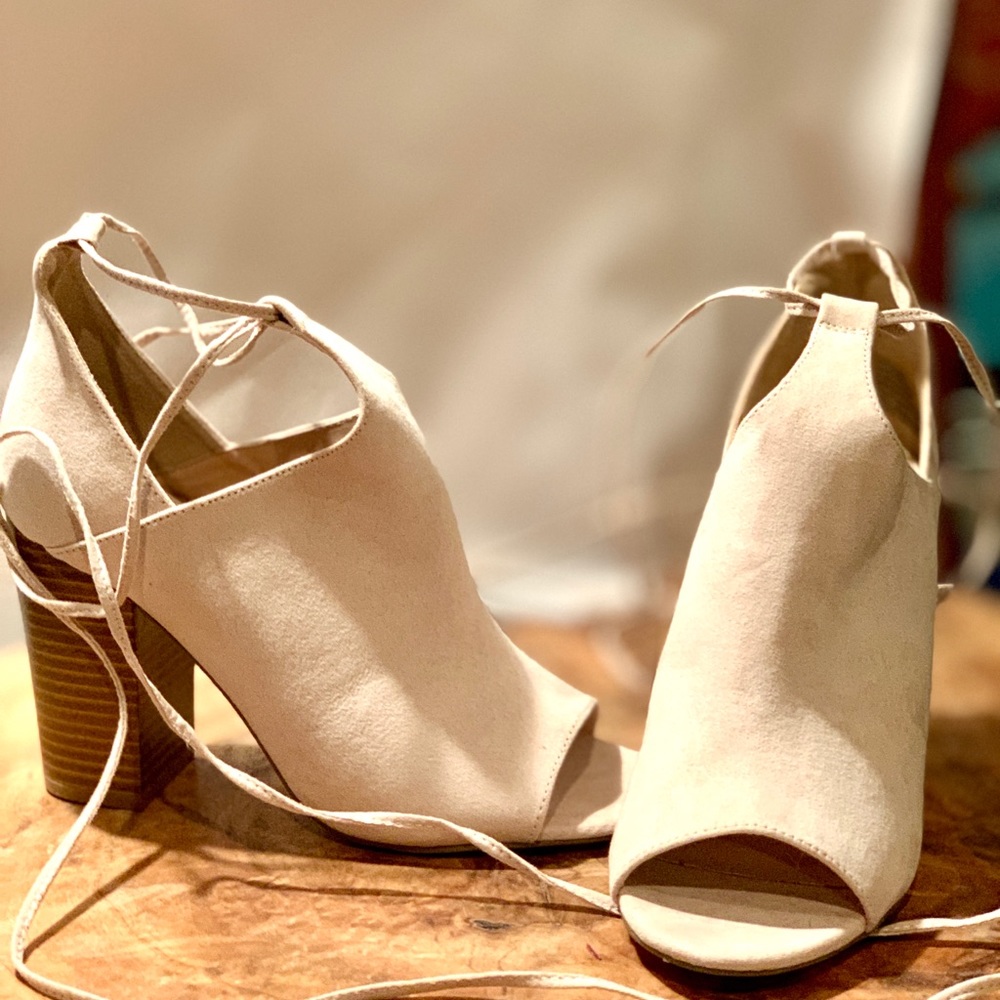 Women's White Suede Open Toe Lace up Booties